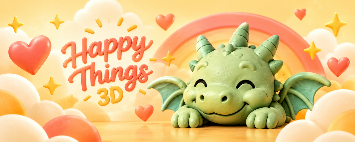 A cute 3D-rendered green dragon character with closed eyes and wings, resting on a surface with the text 'Happy Things 3D' and hearts, stars, clouds, and a rainbow in a warm pastel background.